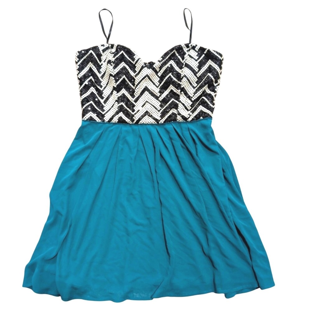 Bongo Sequined DRESS Juniors 13 Black White Aqua Teal Prom Homecoming Formal